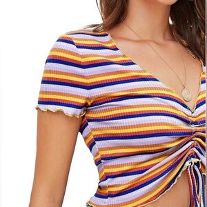 SheIn Women's Stripe Cap Sleeve Drawstring Frill Rib-Knit Tee Multicolor